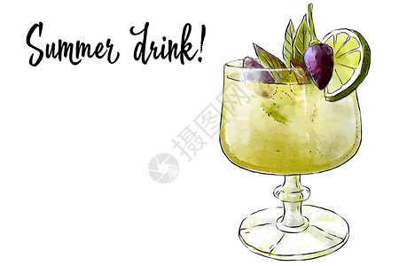 手绘薄荷Colorfu 手绘插图 新鲜水果的美味冰沙 新鲜的夏日鸡尾酒 在美丽的玻璃杯中加入酸橙 薄荷和水果 健康饮品 维生素天然饮料背景
