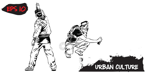 与城市文化代表的插图 孤立在白色背景上的两位涂鸦艺术家 极端主题现代印花青年说唱青少年活力街道艺术生活音乐运动贫民窟背景图片