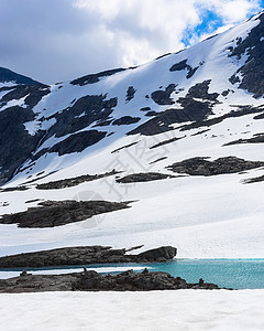 挪威夏季的雪 冰 冰川水和山峰顶背景图片