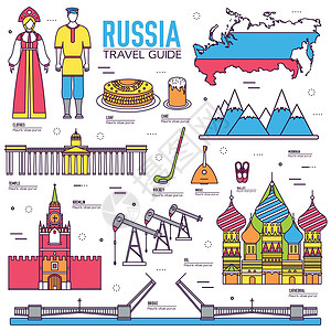 俄罗斯贝尔加湖国家俄罗斯旅游度假指南的商品和功能 一套建筑人文化图标背景概念 用于 web 和 mobil 的信息图表模板设计插画