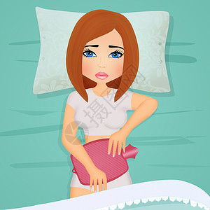 子宫内膜炎女孩在床上 肚子上装着热水袋药品插图疾病腹部经期痛经女士腹痛背景
