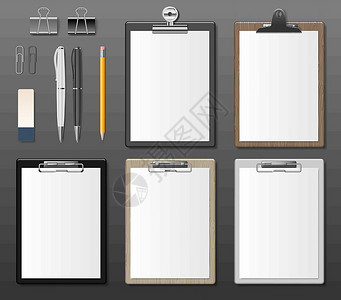 黑色夹子一套带有空白白皮书的现实剪贴板 企业形象的记事本信息板模板 黑色 白色和木制剪贴板 矢量图插画
