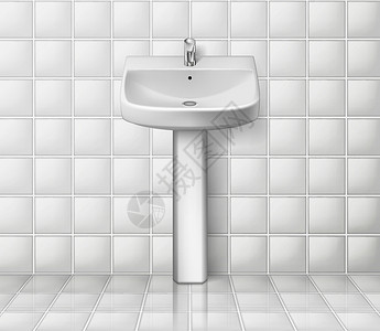 干湿分离卫生间浴室室内有白色水槽 现实的冲洗盆 浴室下水道模型分离 矢量插图插画