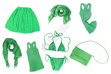 时兴的绿色夏天春天女性衣裳拼贴画和配饰购物零售橙子假期女士淡绿色棉布旅行比基尼背景图片