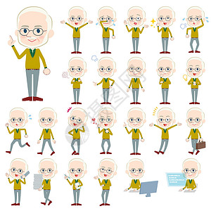 快乐的老年人黄土色针织老人白金发表情插图变形器姿势注意力跑步电话面部工作设计图片