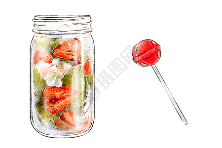 手绘薄荷新鲜水果和棒棒糖美味冰沙的彩色手绘插图 新鲜的夏季鸡尾酒草莓和薄荷 装有冰块的玻璃罐 健康饮品 维生素天然饮料背景