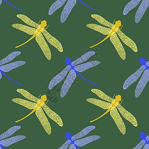 在绿色背景上的彩色 Stilized 蜻蜓 昆虫标志设计 七叶草插画