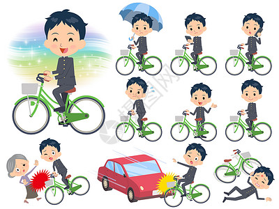驾校学车素材学童 gakuran 骑城市自行车插画