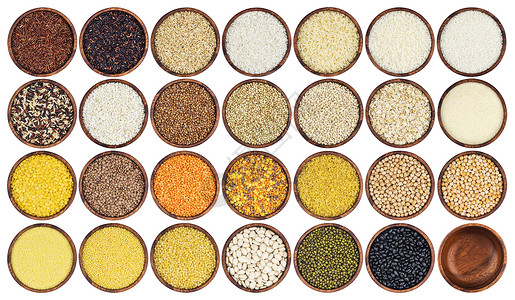 白色背景上分离的不同粒子数豆类香米食物盘子稀饭粗粮饮食豆子团体扁豆背景图片