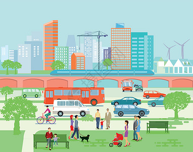 有道路交通和行人的大城市全景街道跑道景观社会闲暇公共汽车城市铁路运输房子设计图片