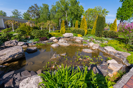 公园中装饰小池塘 有巨石背景图片