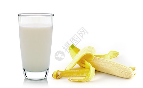 香蕉牛奶白底加香蕉的牛奶杯 含香蕉饮料水果黄色牛奶营养早餐饮食玻璃果汁奶昔背景