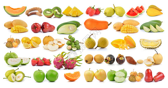 白色背景上的一组水果Name反弹奇异果木瓜榴莲坚果橙子菠萝食物西瓜山竹背景图片