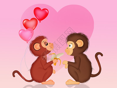 拿着气球猴子相爱的猴子荒野庆典森林动物丛林黑猩猩吉祥物插图卡通片日落背景