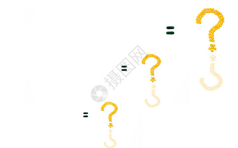 黄色糖衣片丸制成的三个问号 等号由胶囊药丸制成 在白色背景下与复制空间隔离背景