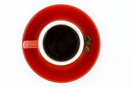 咖啡豆制品活力红色飞碟兴奋剂豆子杯子咖啡陶瓷白色背景图片
