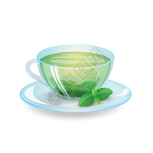 茶杯里小兔兔绿色茶和薄荷糖放在透明杯子里 在白色背景上隔绝 有机健康饮品 矢量图解设计图片