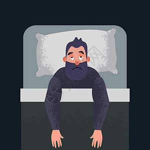 无眠失眠概念艺术 疯狂的漫画家头脑恶梦男人警报困倦时间床垫焦虑卡通片插图背景图片