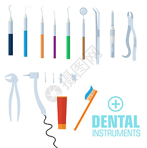 鱼口钳平面牙科器械设置设计概念背景 它制作图案矢量外科医生牙刷矫正工具牙膏牙医雕刻师医院骨骼设计图片