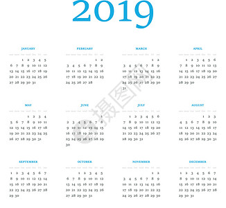 矢量日历  2019年 从星期天开始 简单的平面矢量插图规划师标签横幅年度英语卡片时间日记蓝色日程设计图片