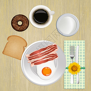 培根圈早餐 炸鸡蛋 培根 甜甜圈和咖啡背景