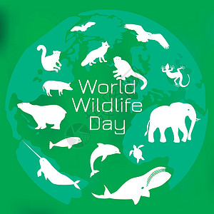 世界动物日海报世界野生动物日 地球轮廓背景下的不同动物设计图片