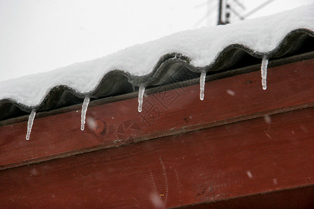 屋顶的雪棕色房子屋顶有冰柱滴水场景院子季节建筑阳光水晶木头气候乡村背景