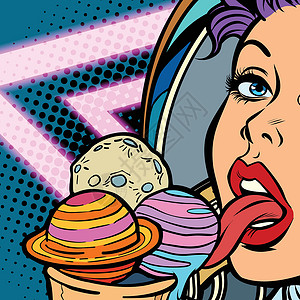 吃就购行星就像冰淇淋 女宇航员舔糖果 女孩插画