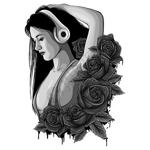 带耳机和玫瑰的美丽美女插图艺术青少年头发音乐播放器裙子打碟机女士乐趣娱乐音乐背景图片