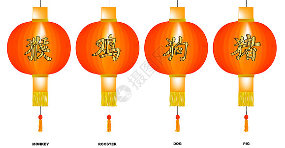 中国动物新年 猴子公鸡狗猪派对蜡烛照明插图文化背景图片