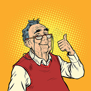 老年眼镜戴眼镜的快乐老人竖起大拇指设计图片