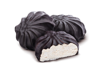 巧克力覆盖棉花糖 传统的俄罗斯杂草 在巧克力中隔绝在白色背景的白底团体包装糖果漩涡釉面食物宏观和风甜点背景图片