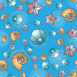 海洋居民海扇贝 海星和海壳无缝模式 有海生物背景图片