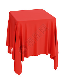 方形基座上的红布材料礼物3d红色推介会桌布仪式惊喜艺术展示背景图片