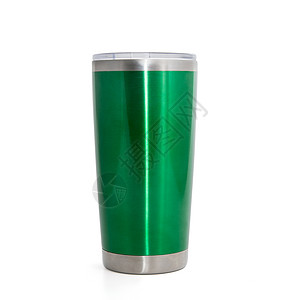 温杯绿色无不锈钢杯 热温双柱杯 白纸上隔绝背景