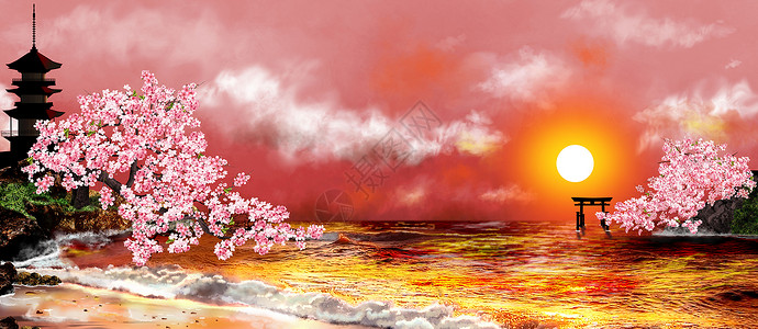 樱花海洋景观与盛开的樱花 日本 海 日落背景