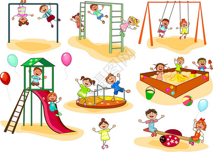 女孩在玩耍儿童在游乐场上幼儿团体卡通片朋友们娱乐旋转木马幼儿园幸福楼梯男生设计图片