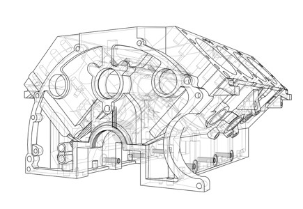 发动机缸体草图  3 的矢量渲染燃烧机械项目蓝图车辆汽油插图汽车绘画剪影插画