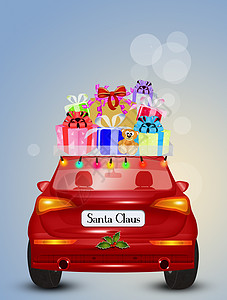 圣诞老人的车带来了礼物方向盘仙女头灯运输驾驶红色插图丝带轮子玩具背景图片