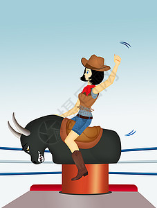 骑着牛牧童女孩骑着机械公牛竞技场平衡牛角牛仔模拟吸引力牧场表演快乐农场背景