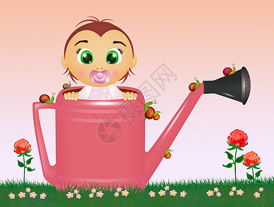 婴儿粉红玫瑰水罐中的女婴蜗牛孩子粉色女孩婴儿明信片玫瑰女性花朵插图背景