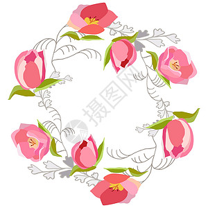 圆园装饰着粉红色的郁金香收藏白色创造力植物学粉色设计手绘草地元素插图背景图片
