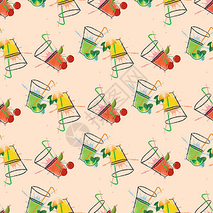 樱桃莫吉托夏季饮料印刷品 无缝配有橙子 樱桃汁和莫吉托的孵化风格插画