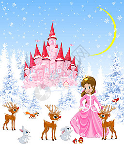 伊埃斯科城堡小公主和迪伊孩子天空森林降雪城堡公主蓝色月亮狐狸动物插画