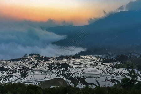 高海拔的元阳稻梯田及其空中观察背景图片