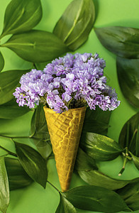 与紫花和叶子的鲜花花束绿色胡扯锥体树叶美丽味道平铺喇叭礼物背景图片