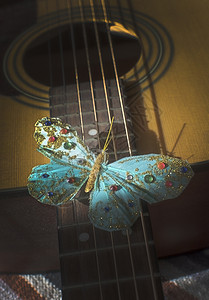 在音响吉他弦上的绿宝石蝴蝶文化和弦木头艺术字符串细绳诗歌乐器天赋诗人背景图片