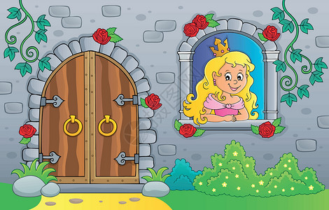 公主在窗户和老旧的门窗背景图片