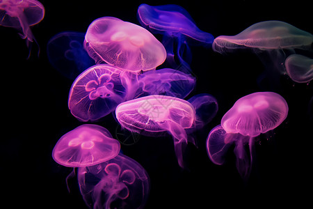 紫色漂浮斑点美丽的水母在流水虹灯下移动海洋异国荨麻海上生活旅行水族馆团体生物触手游泳背景