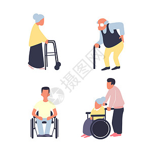 痴呆症受伤后康复公寓 带行尸的老年妇女 带拐杖的男性老人 轮椅上的男子背景